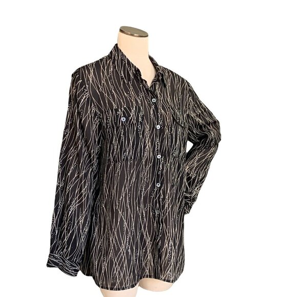 VTG Carole Little Sz 14 Button Front Tunic Blouse Black Silver Metallic #229J - Picture 3 of 8